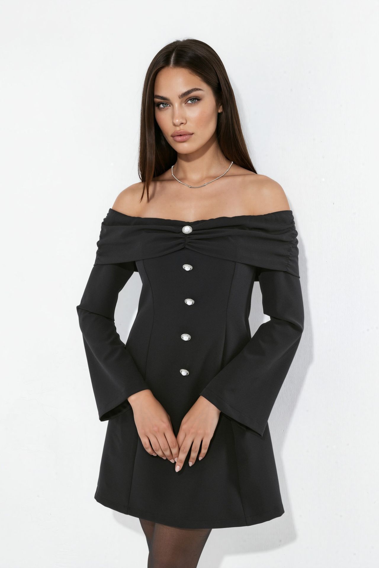 Off-Shoulder Flare Mini Dress with Pearl Button Detail 2