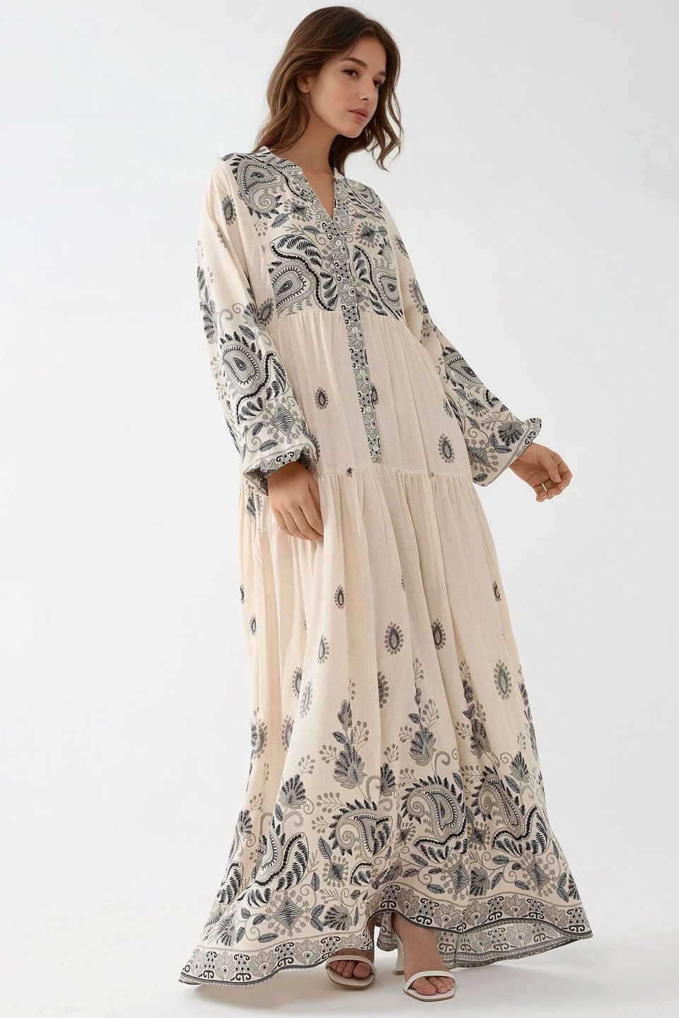 Printed V-neck Maxi Dress with Button Detail