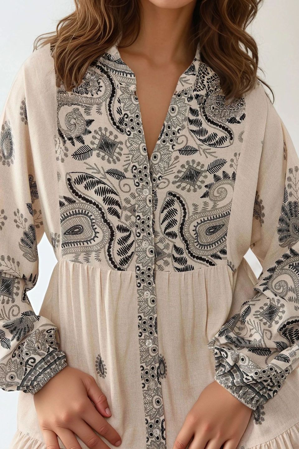 Printed V-neck Maxi Dress with Button Detail