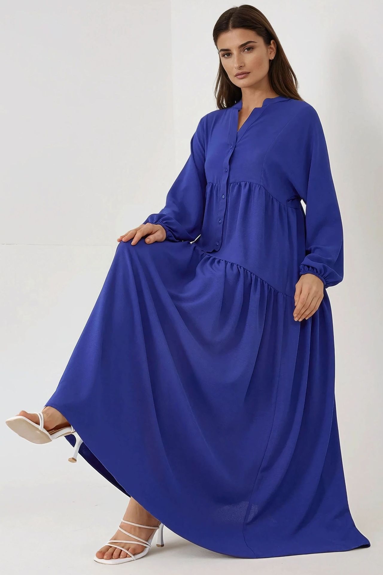 Textured V-Neck Maxi Dress with Button Detail