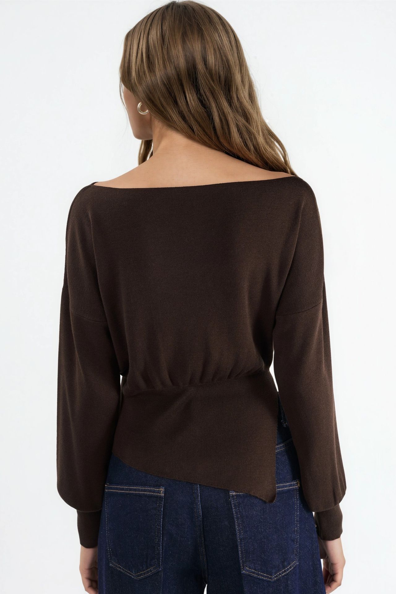 Mercerized Look Boat Neck Knit Sweater with Slit Detail 3