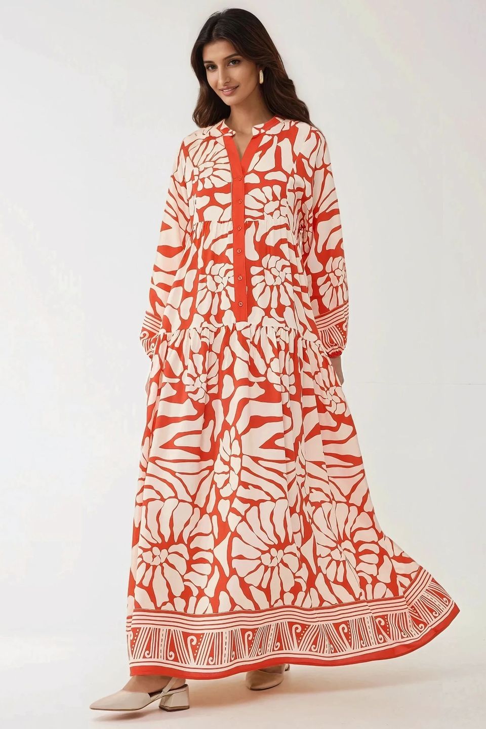 Printed Long Sleeve Viscose Maxi Dress 