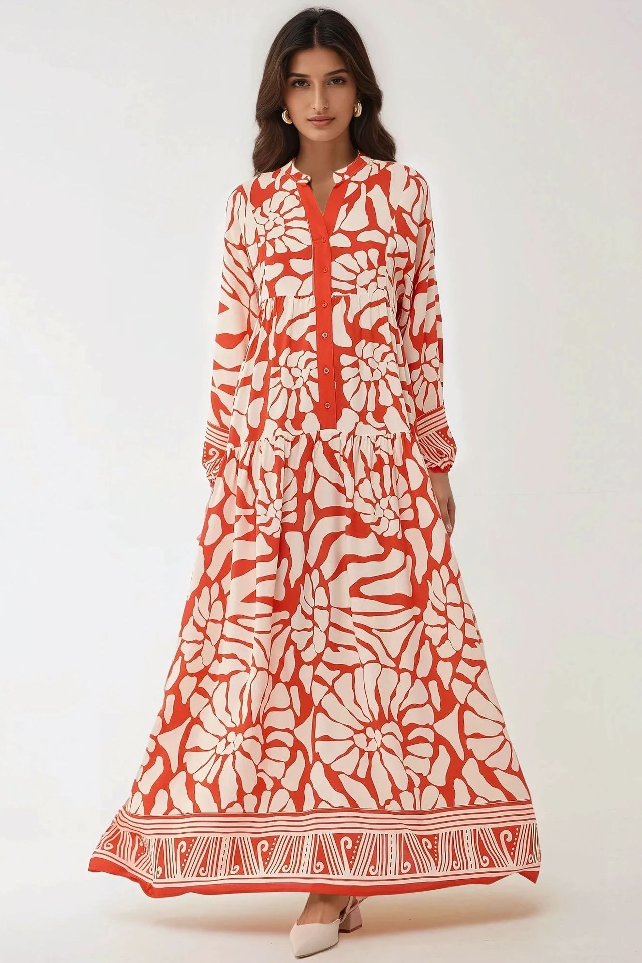 Printed Long Sleeve Viscose Maxi Dress 