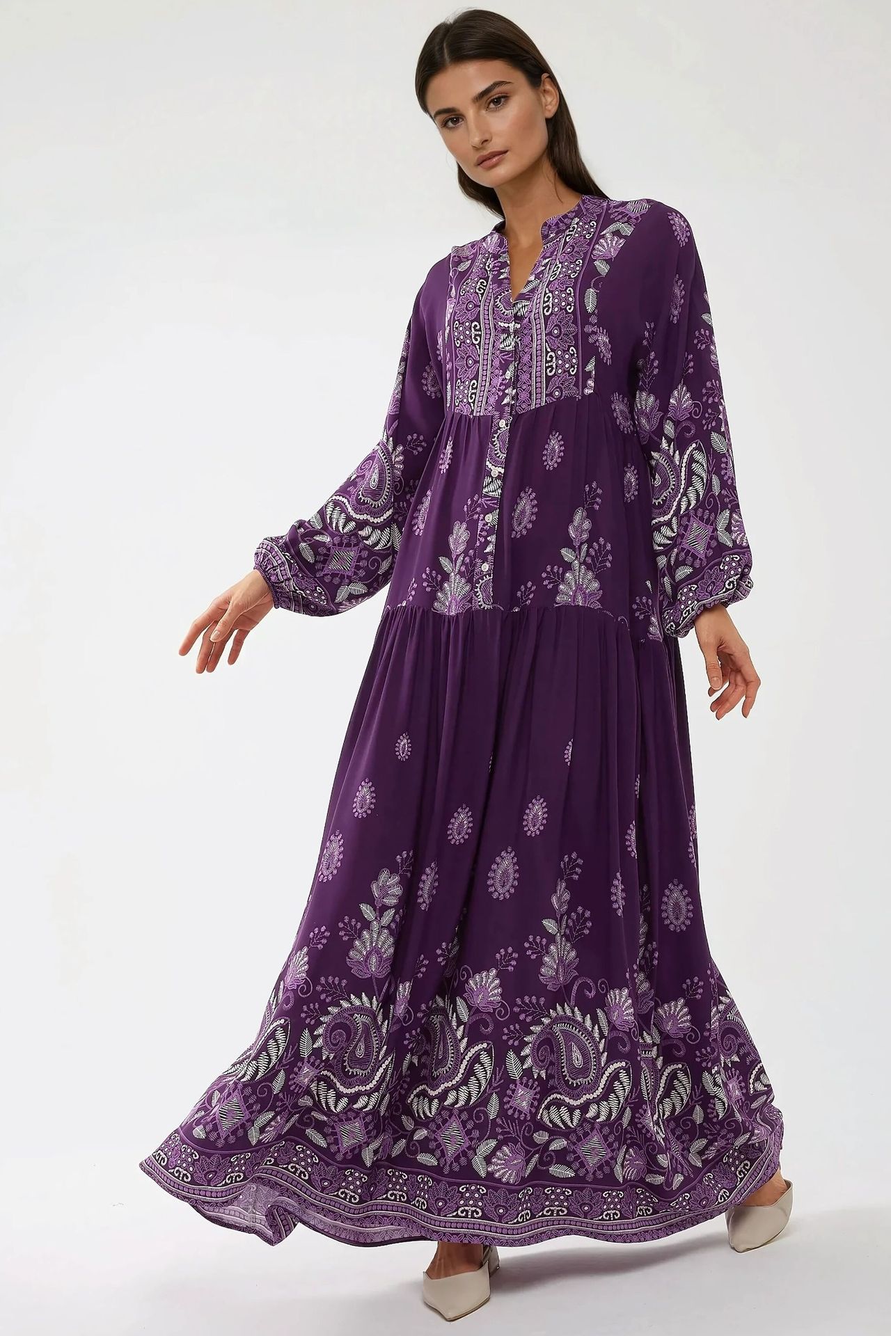Printed Long Sleeve Viscose Maxi Dress 