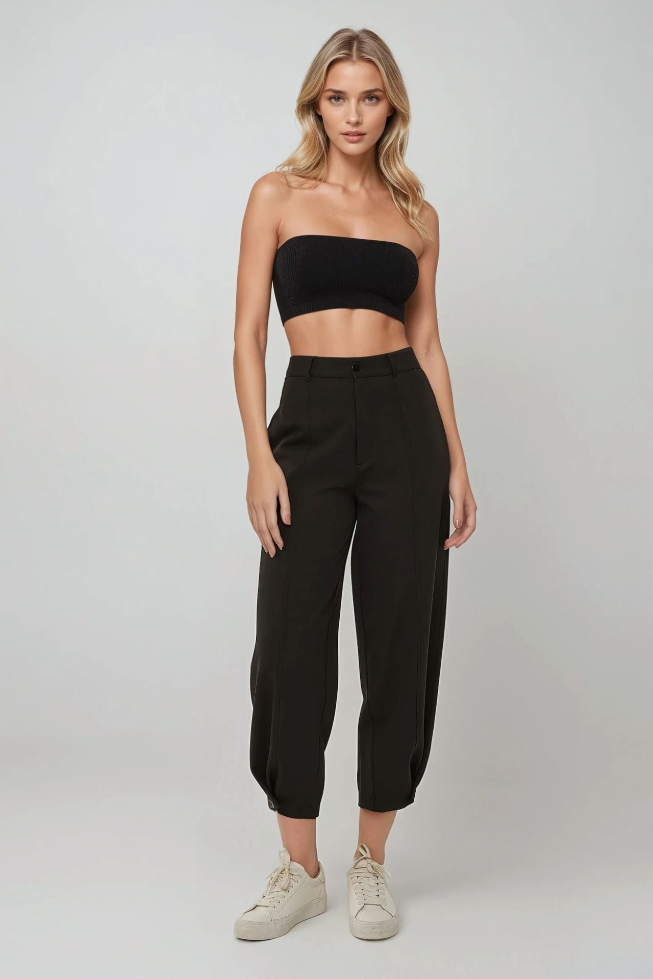 High Waist Tapered Pants with Waist Button Detail