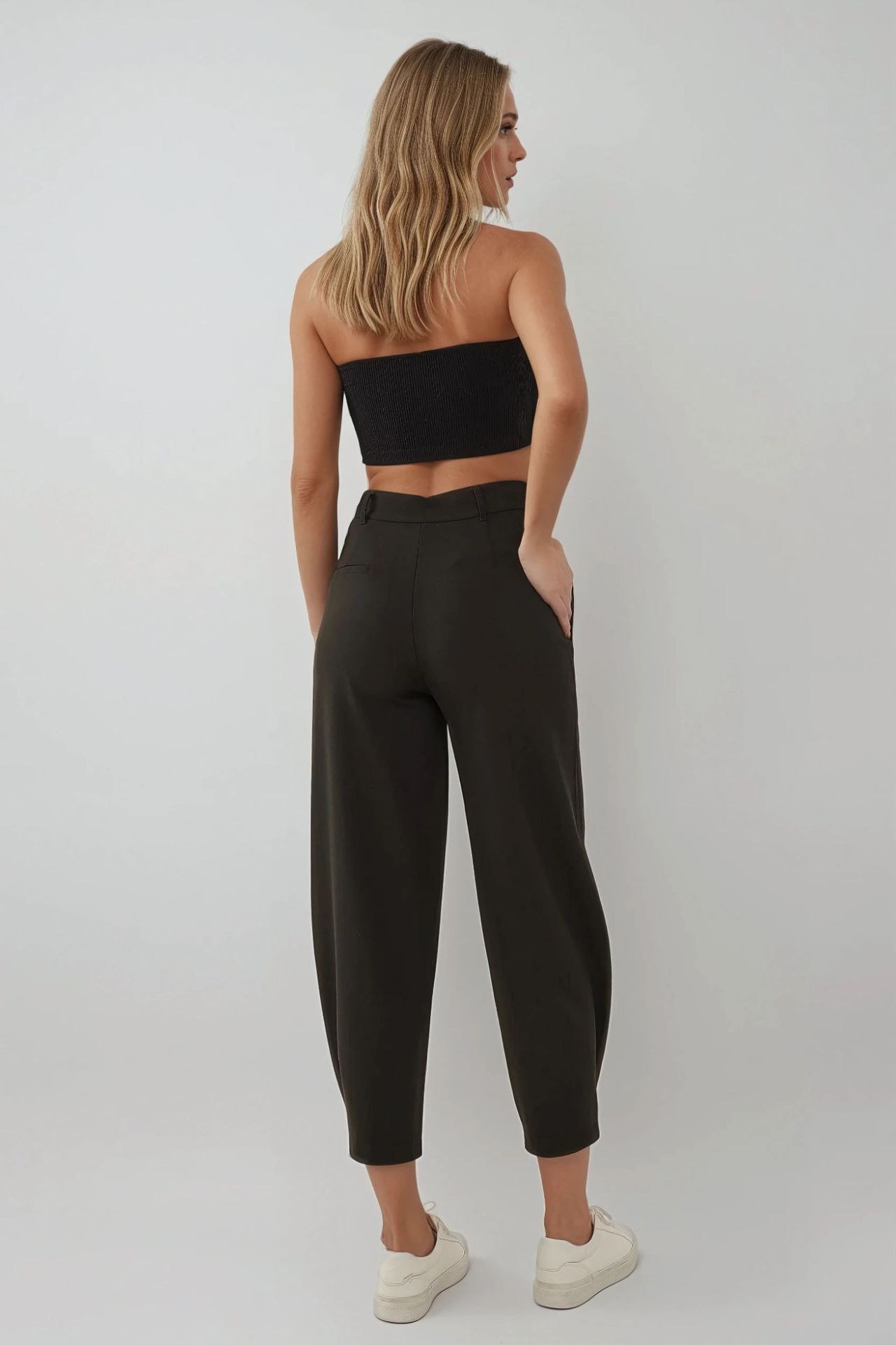 High Waist Tapered Pants with Waist Button Detail