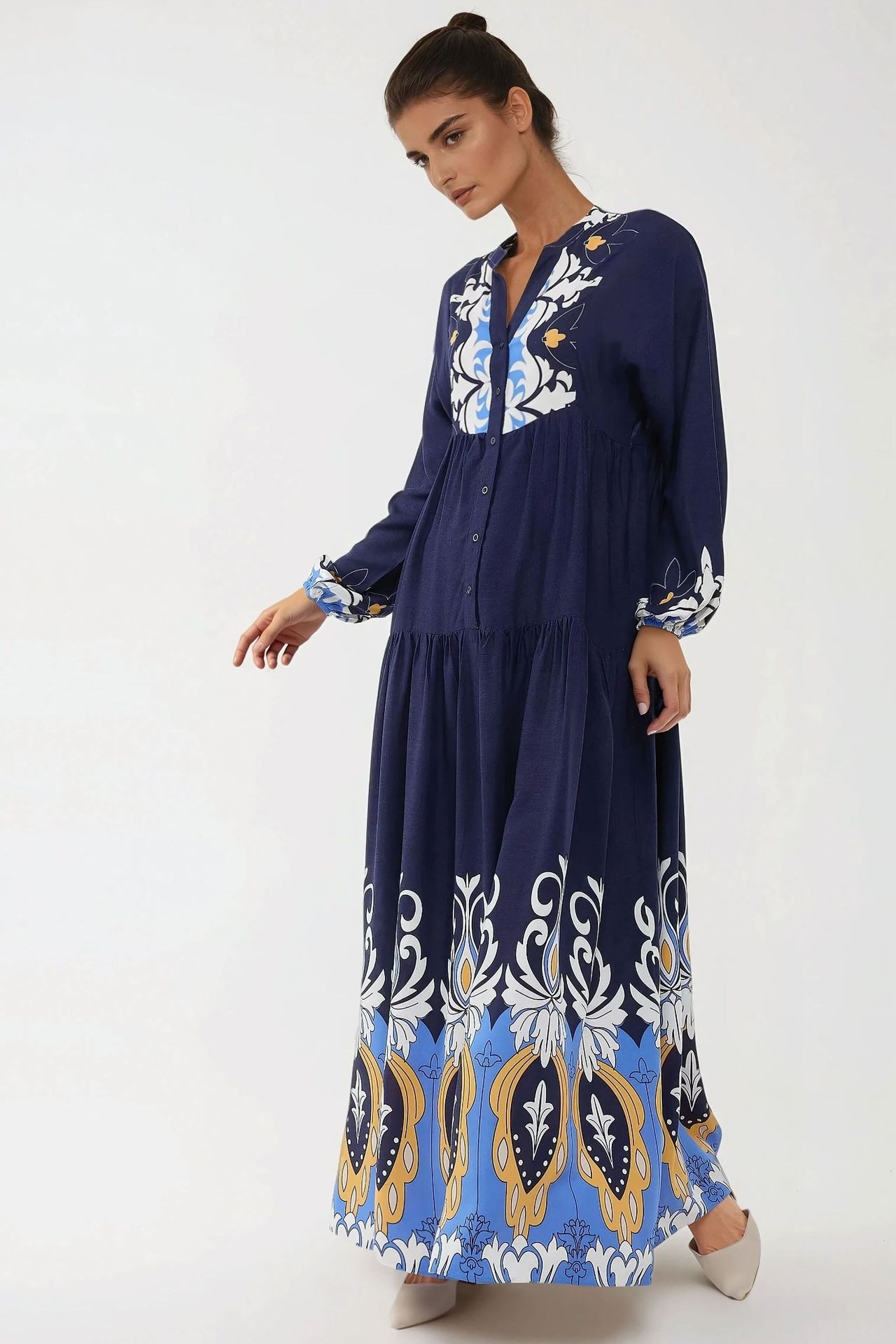 Printed Long Sleeve Viscose Maxi Dress 
