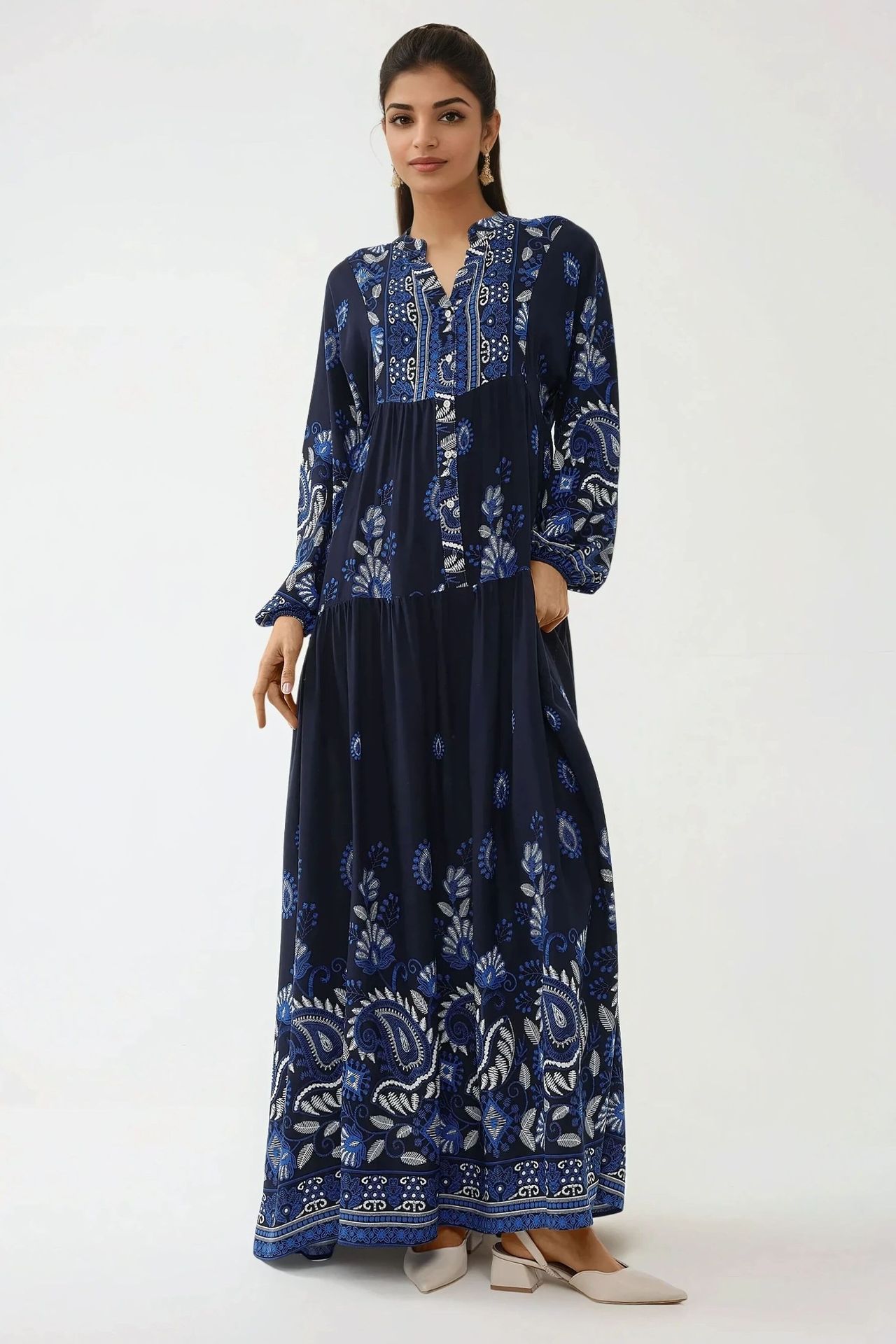 Printed Long Sleeve Viscose Maxi Dress 