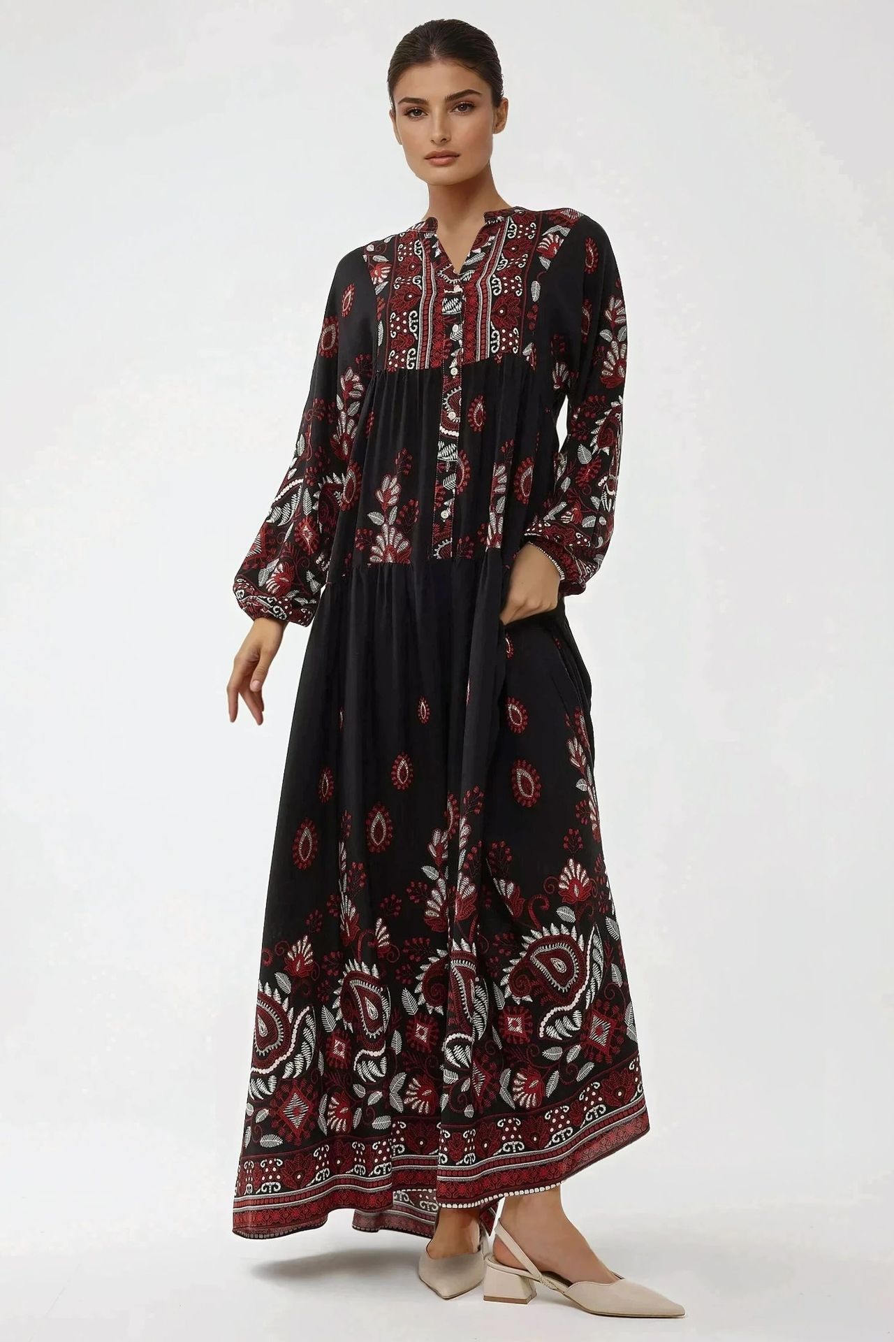 Printed Long Sleeve Viscose Maxi Dress 
