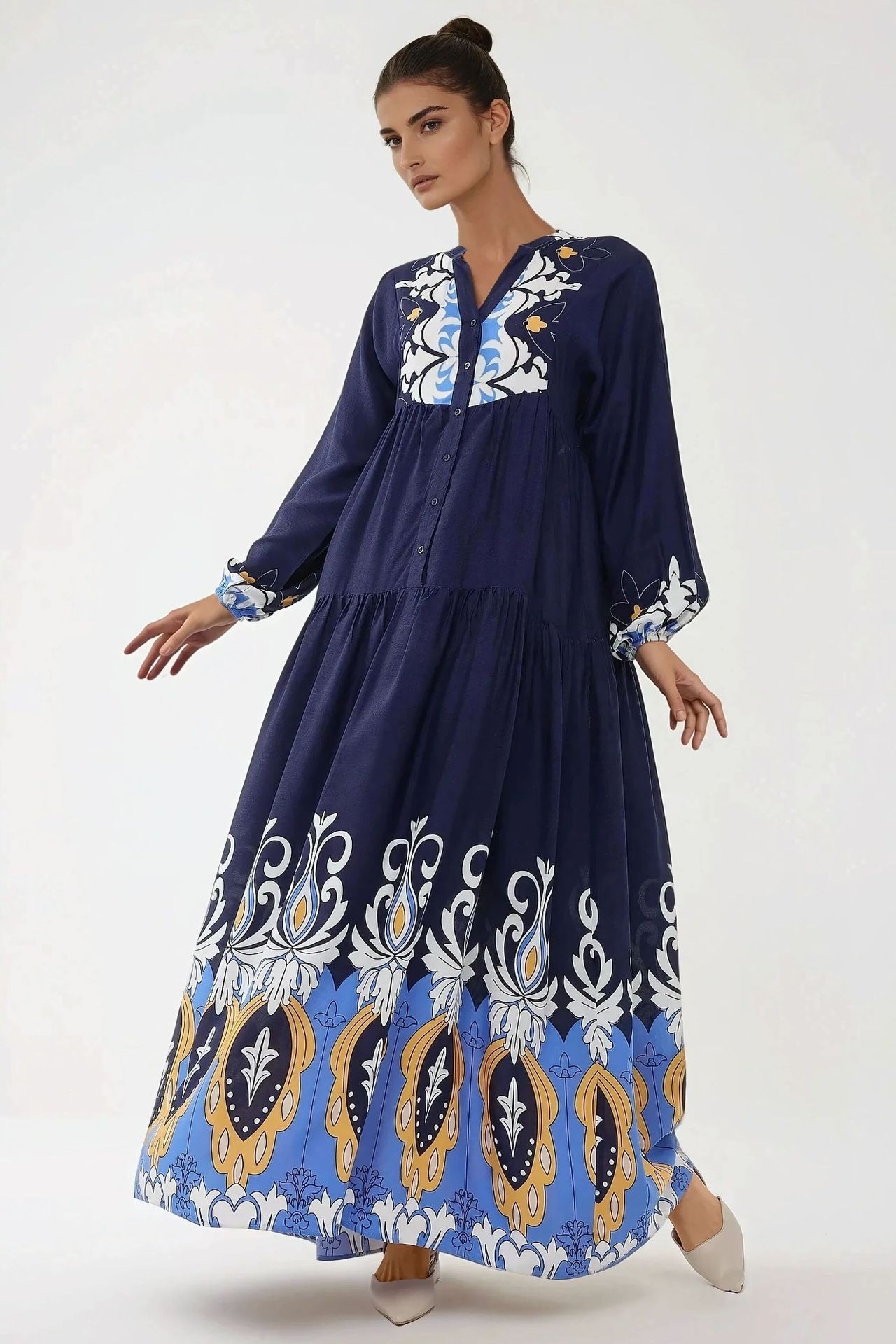 Printed Long Sleeve Viscose Maxi Dress 