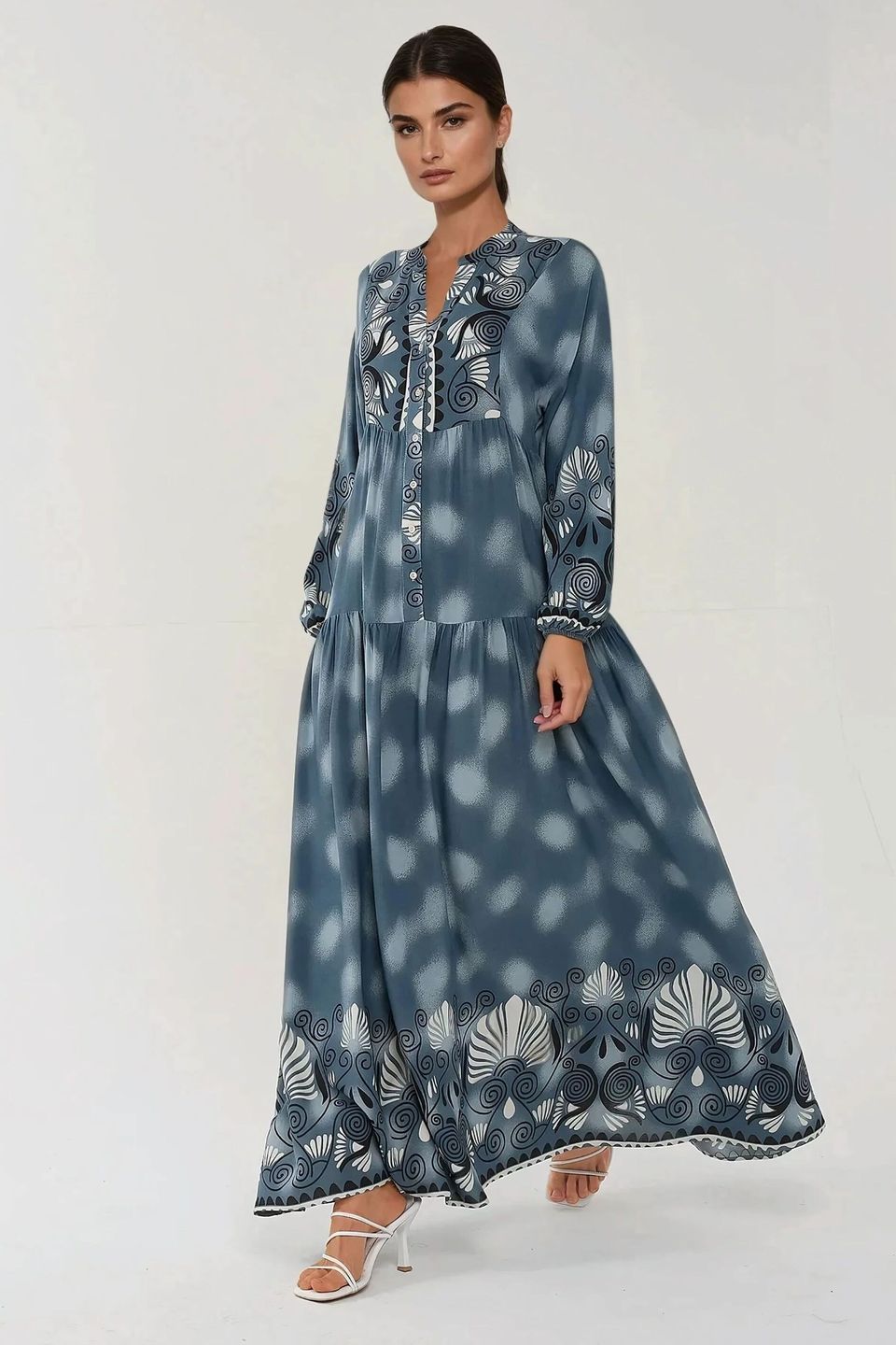 Printed Long Sleeve Viscose Maxi Dress 