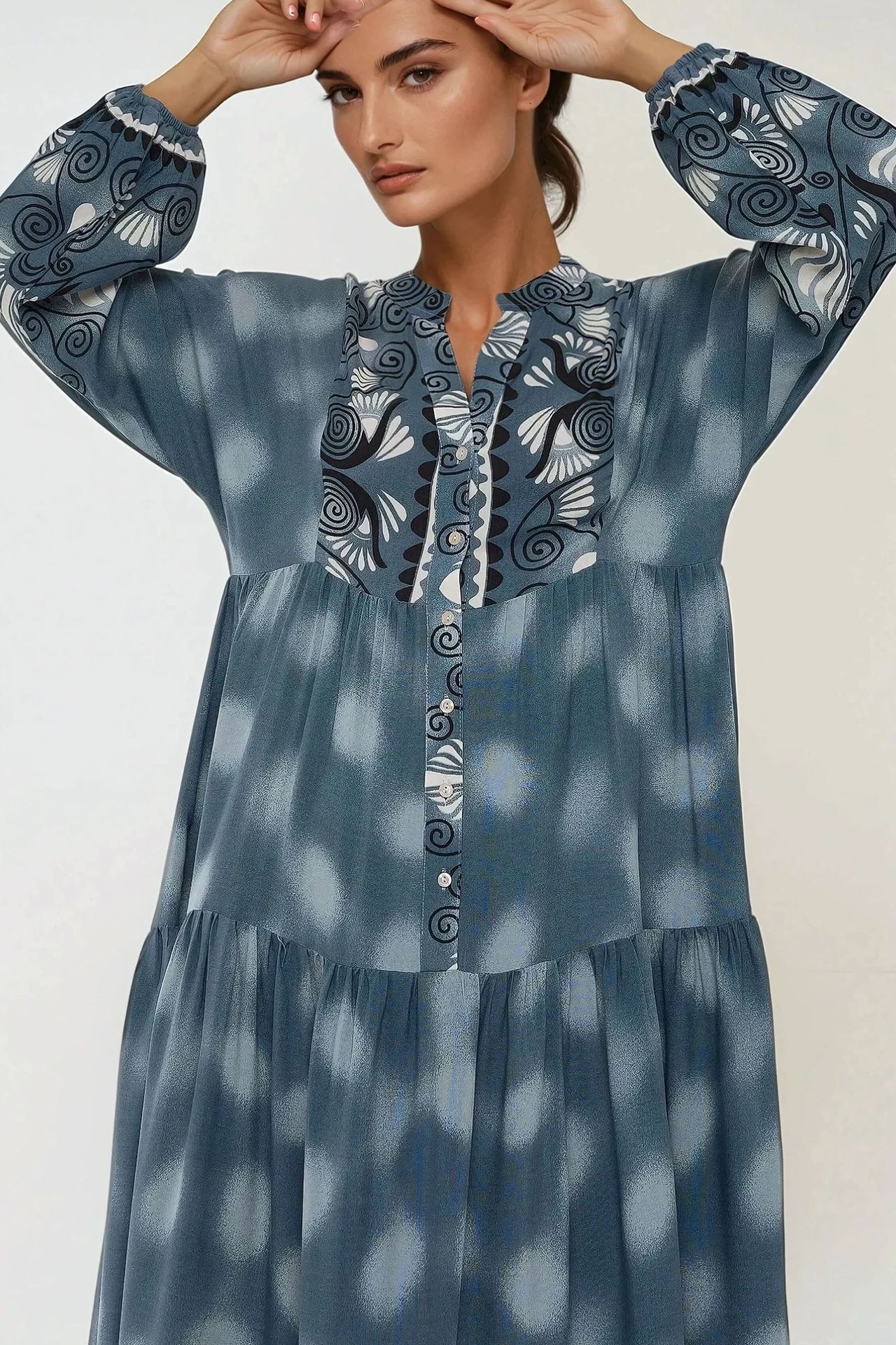 Printed Long Sleeve Viscose Maxi Dress 
