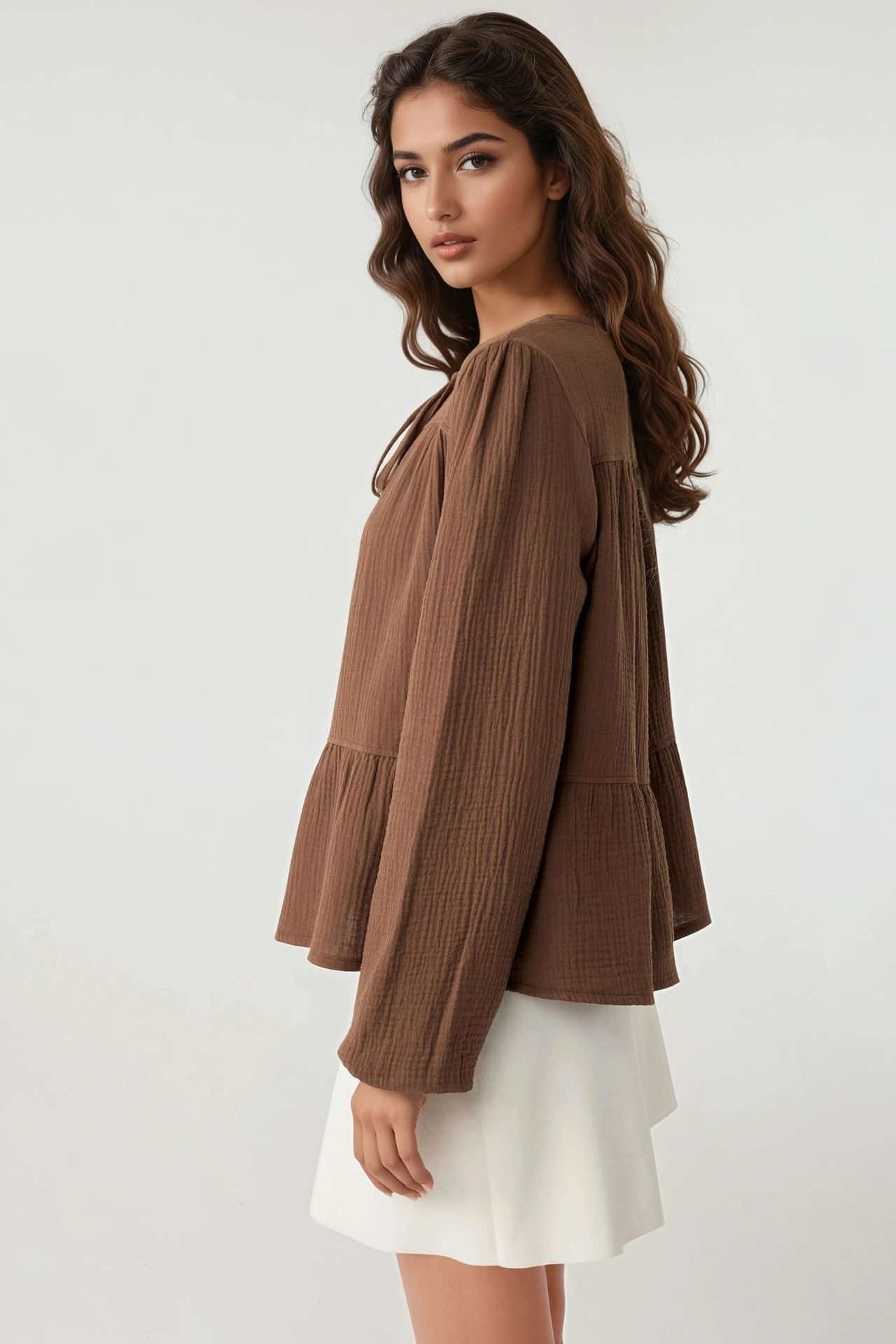Crew Neck Long Sleeve Woven Muslin Blouse