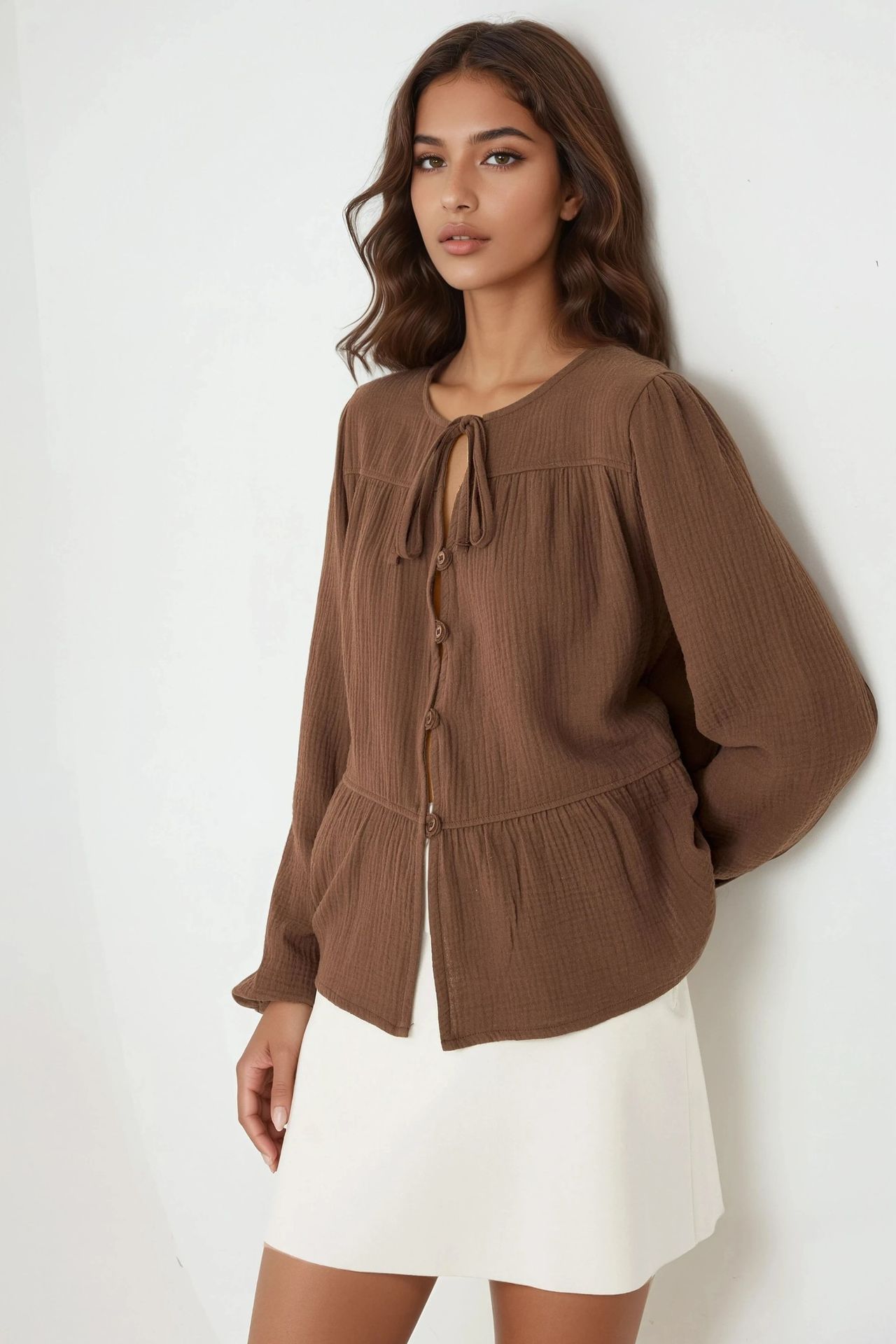 Crew Neck Long Sleeve Woven Muslin Blouse