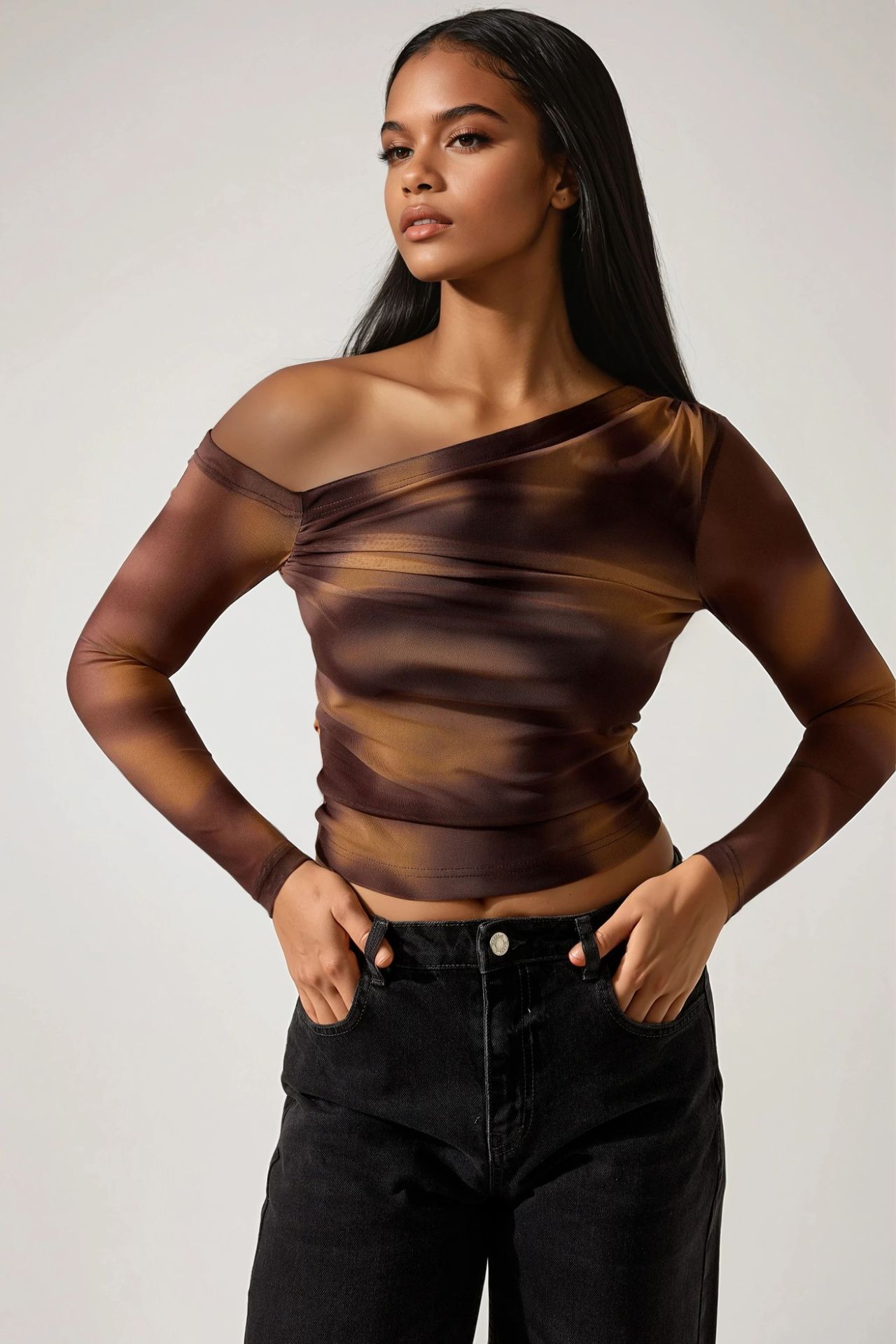 Asymmetrical Collar Tulle Blouse 1