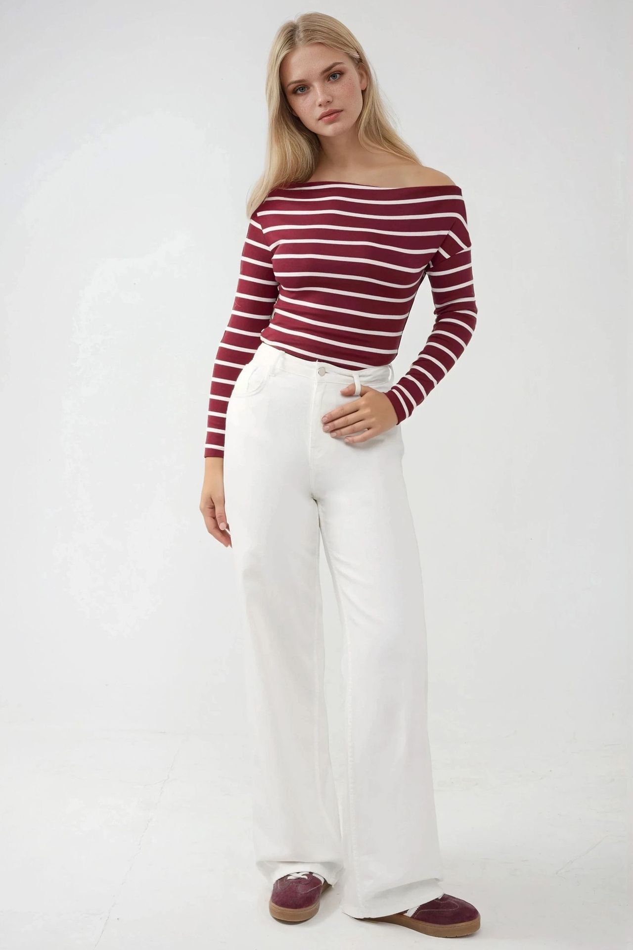 Off-Shoulder Striped Ribbed Long-Sleeve Top 5