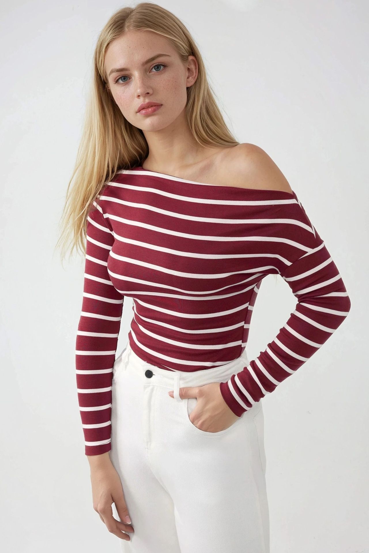Off-Shoulder Striped Ribbed Long-Sleeve Top 1