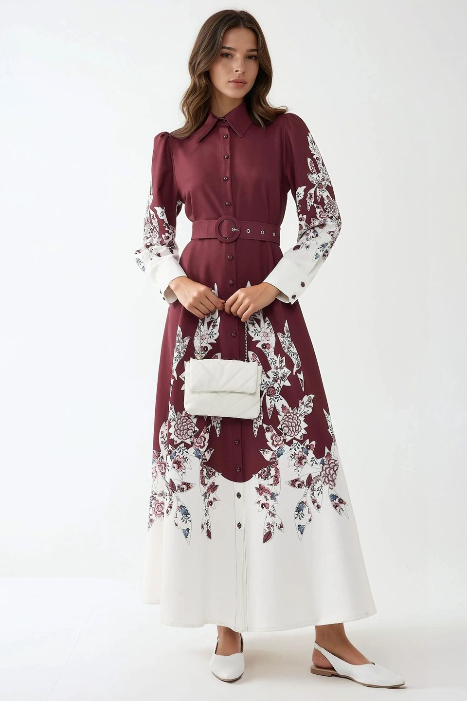 Printed Long Sleeve Maxi Dress with Belt