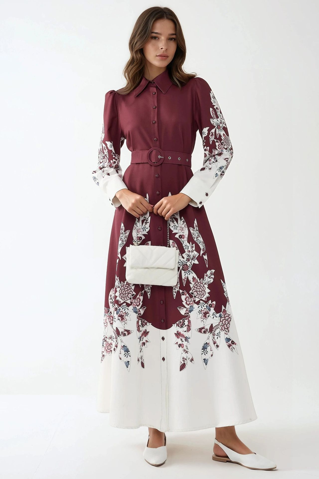 Printed Long Sleeve Maxi Dress with Belt
