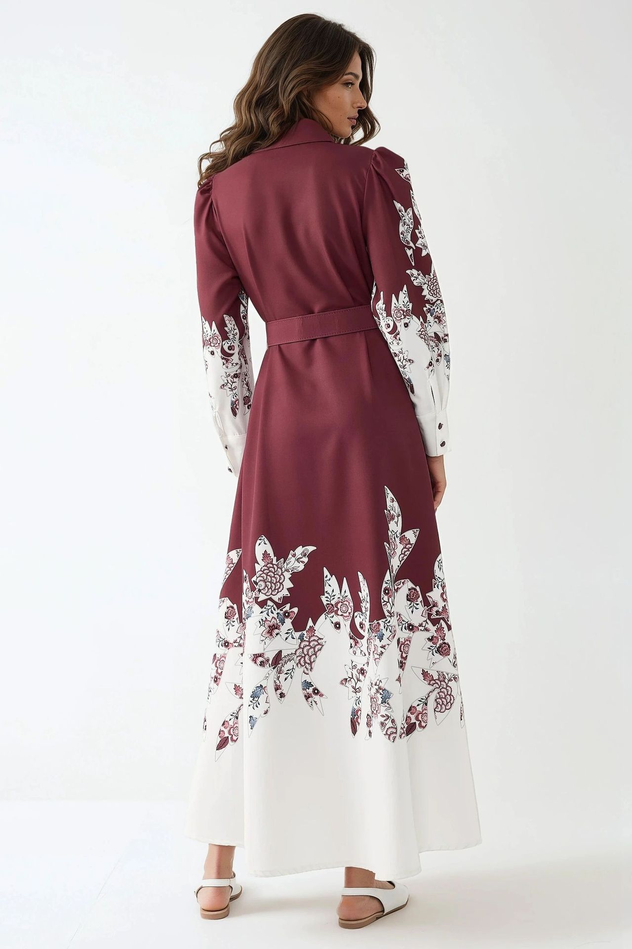 Printed Long Sleeve Maxi Dress with Belt