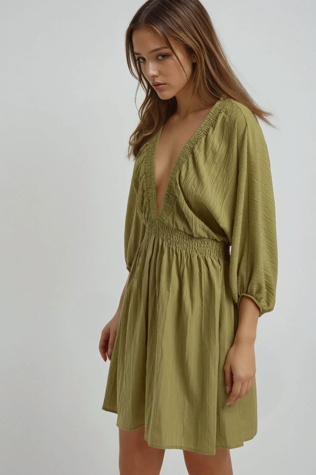 Textured V-Neck Long Sleeve Mini Dress 2