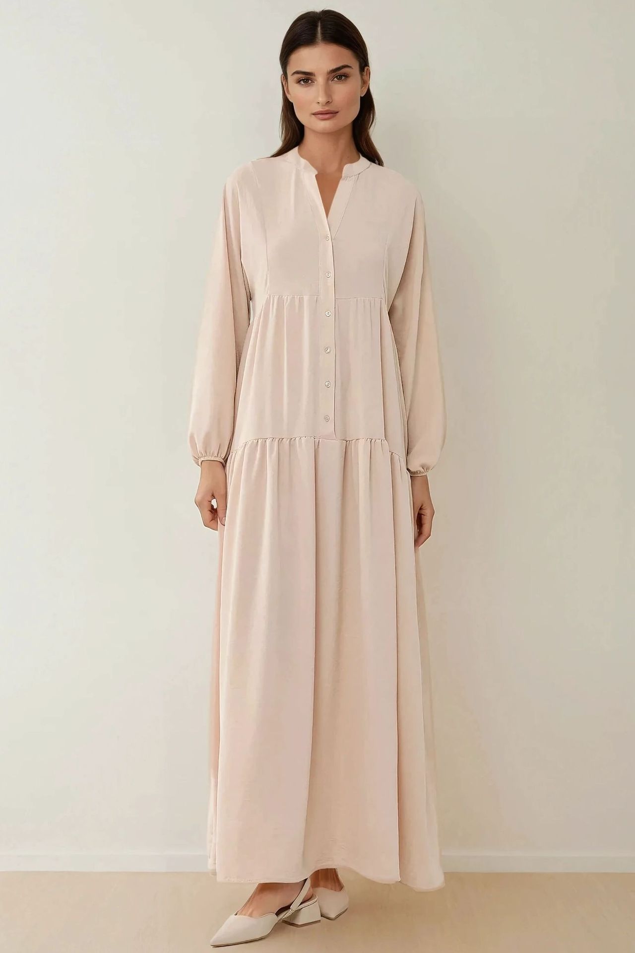 Textured V-Neck Maxi Dress with Button Detail