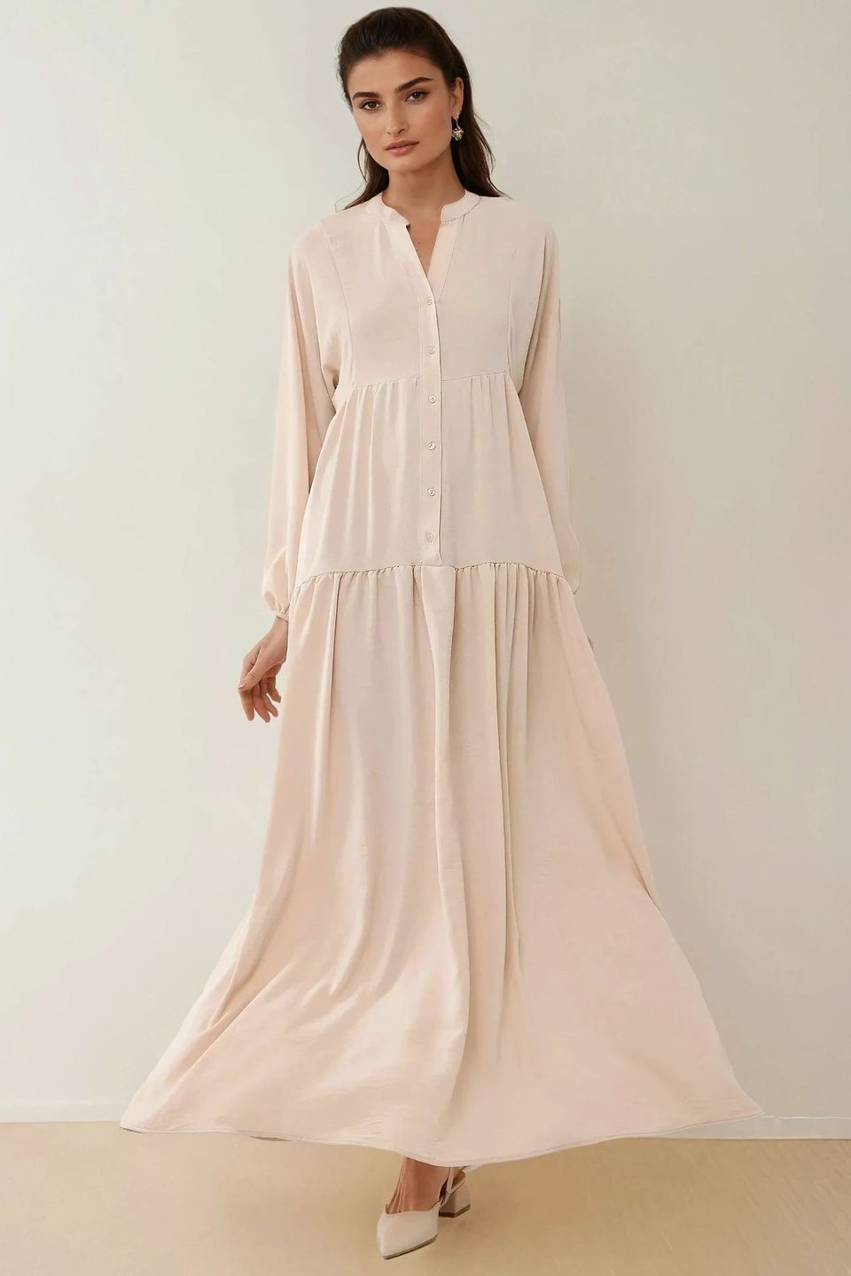 Textured V-Neck Maxi Dress with Button Detail