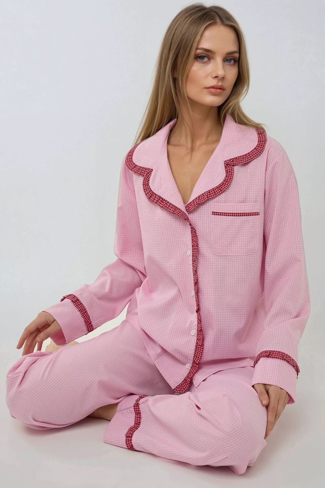 Shirt Collar Cotton Plaid Pajama Set