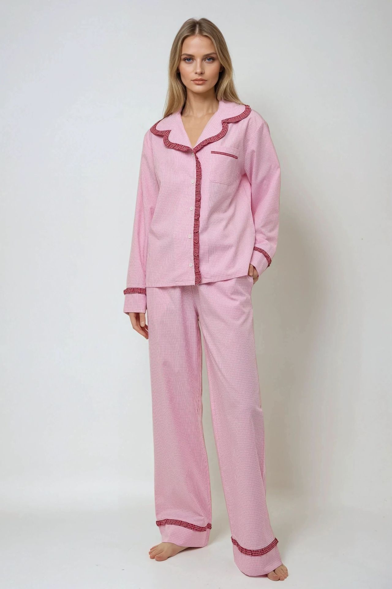 Shirt Collar Plaid Pajama Set