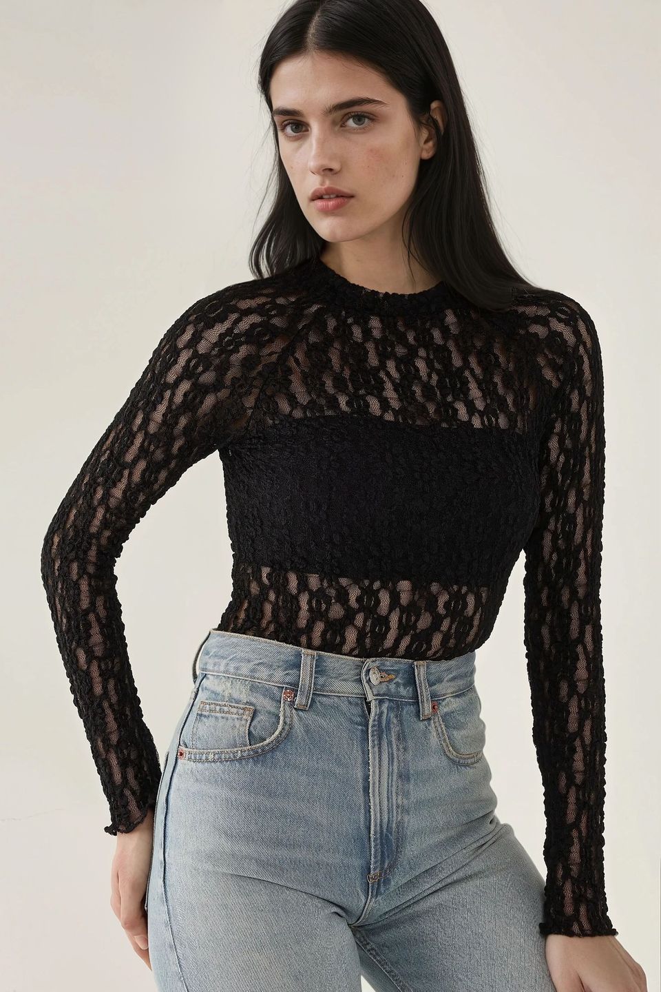 Lace Guipure Slim Fit Crew Neck Blouse