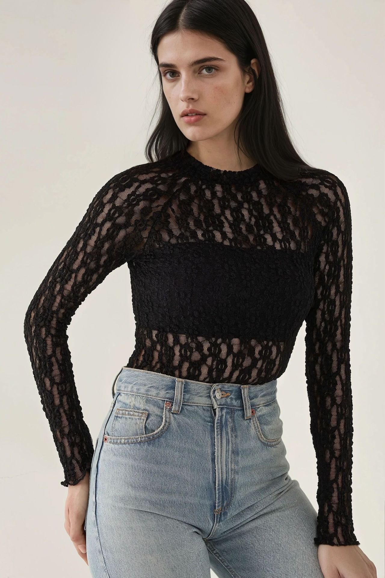Lace Guipure Slim Fit Crew Neck Blouse