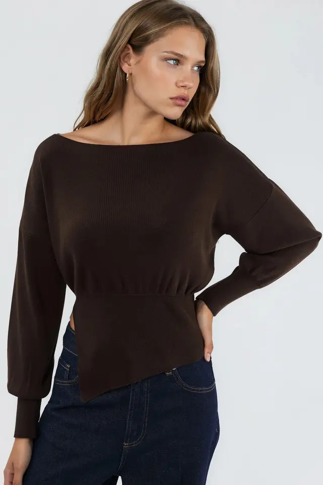 Mercerized Look Boat Neck Knit Sweater with Slit Detail