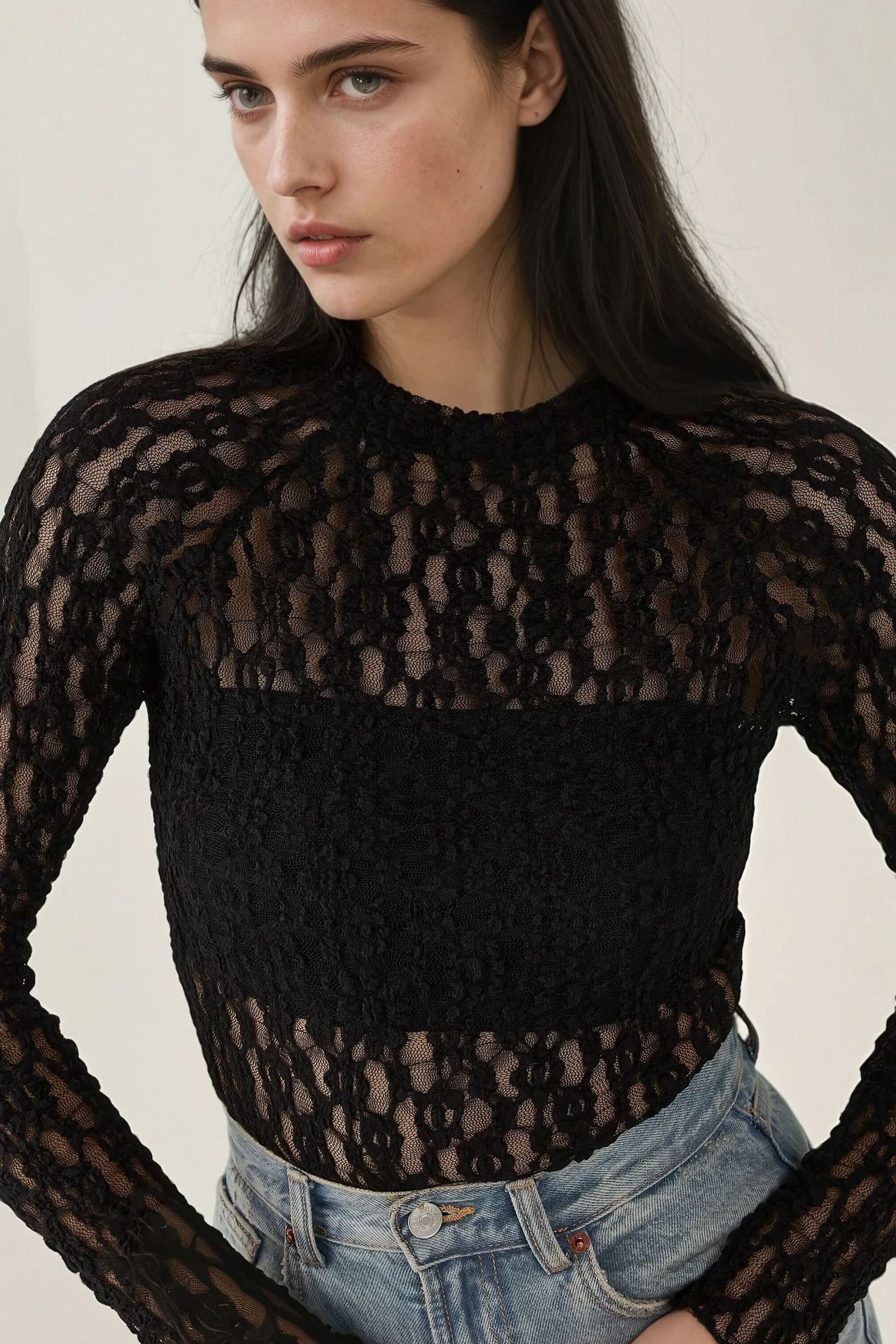 Lace Guipure Slim Fit Crew Neck Blouse