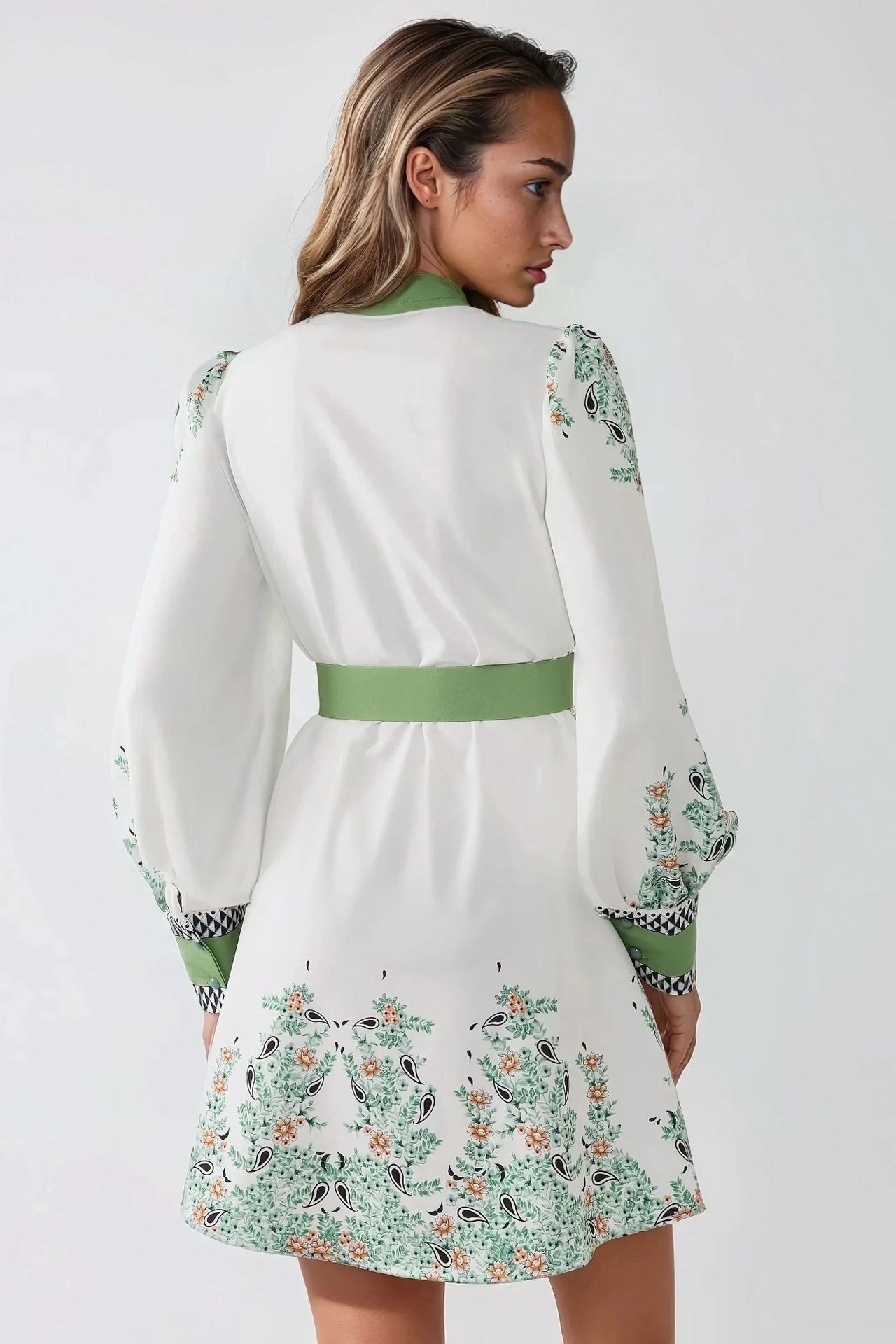 Printed Crew Neck Mini Dress with Belt