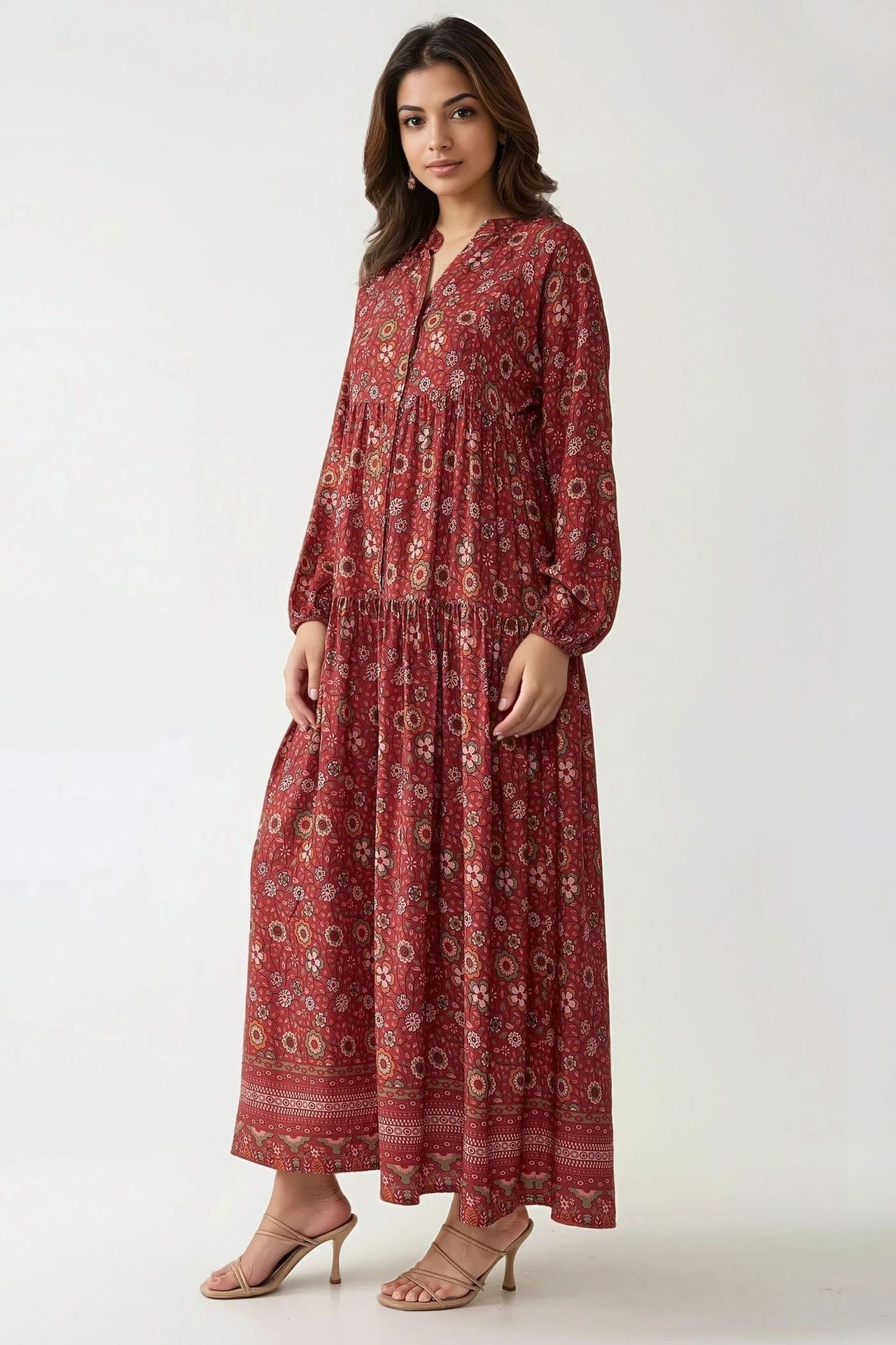 Printed V-Neck Maxi Dress with Buttons
