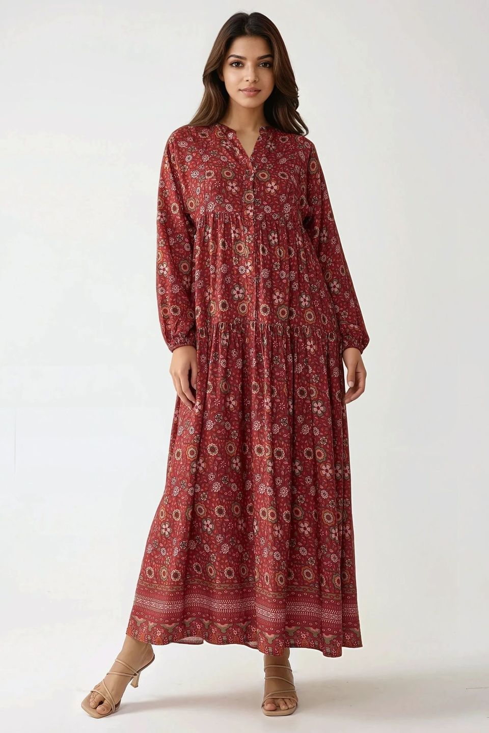 Printed V-Neck Maxi Dress with Buttons