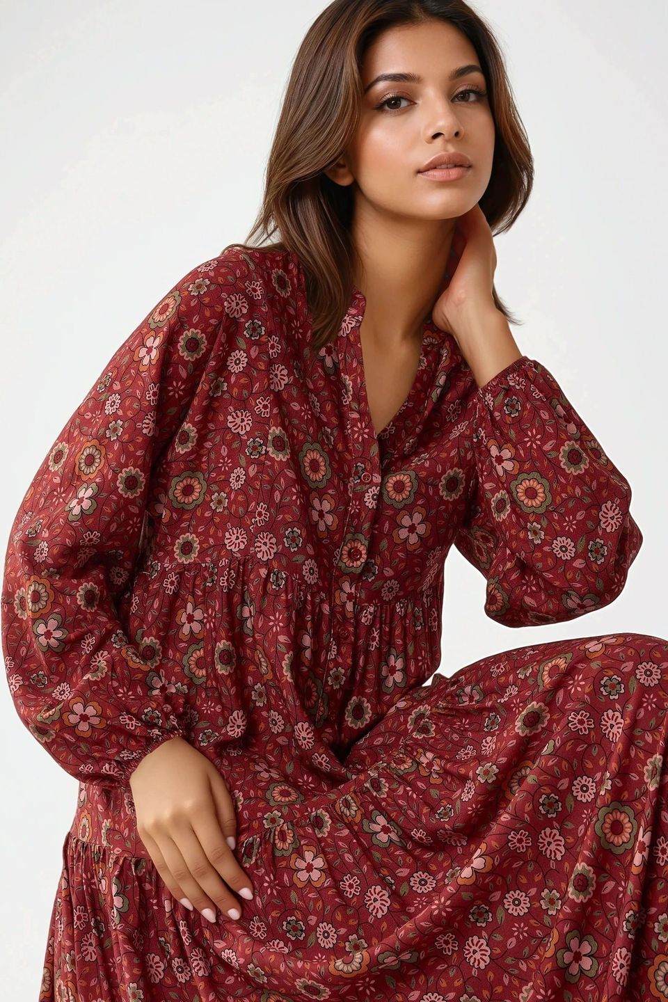 Printed V-Neck Maxi Dress with Buttons
