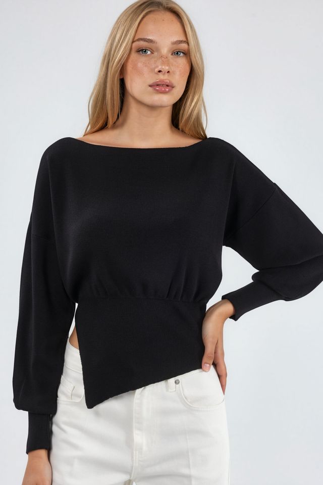 Mercerized Look Boat Neck Knit Sweater with Slit Detail