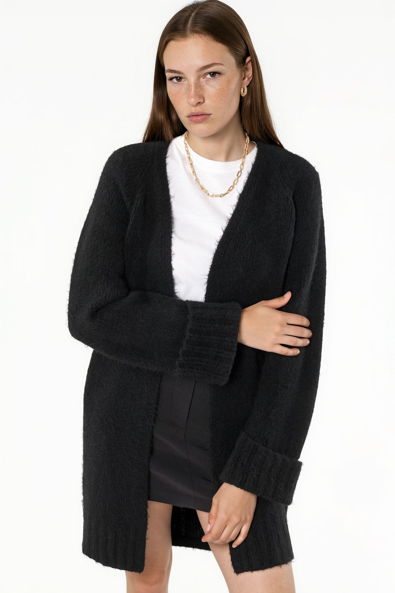 Long Ribbed Knit Cardigan with Open Collar 1