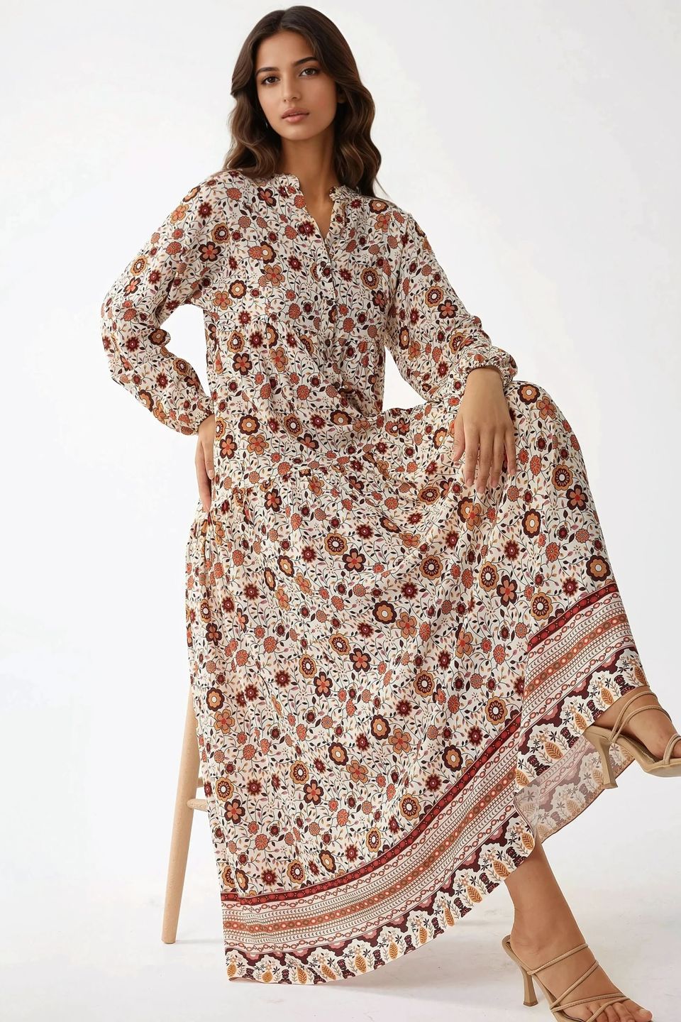 Printed V-Neck Maxi Dress with Buttons