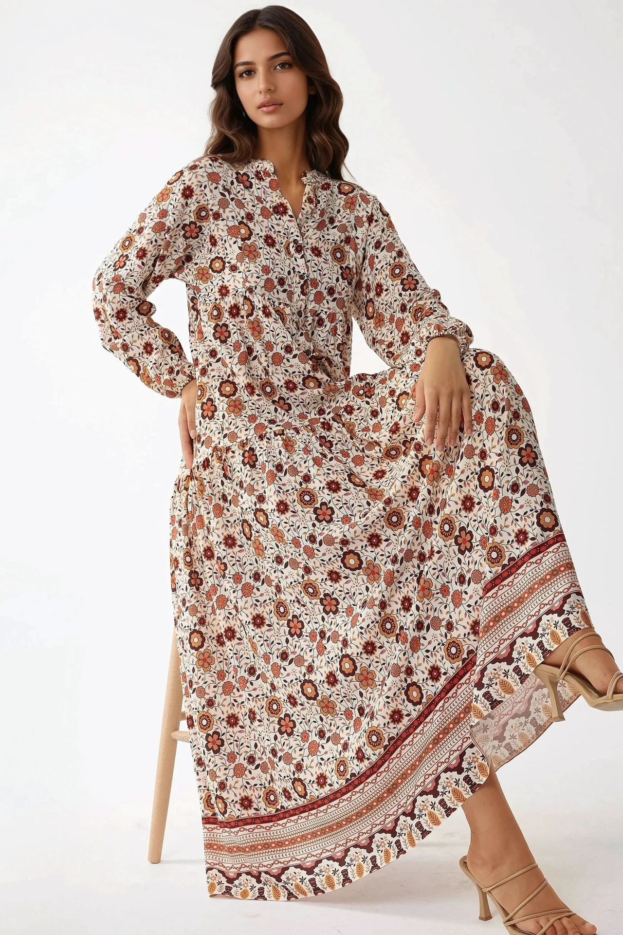 Printed V-Neck Maxi Dress with Buttons