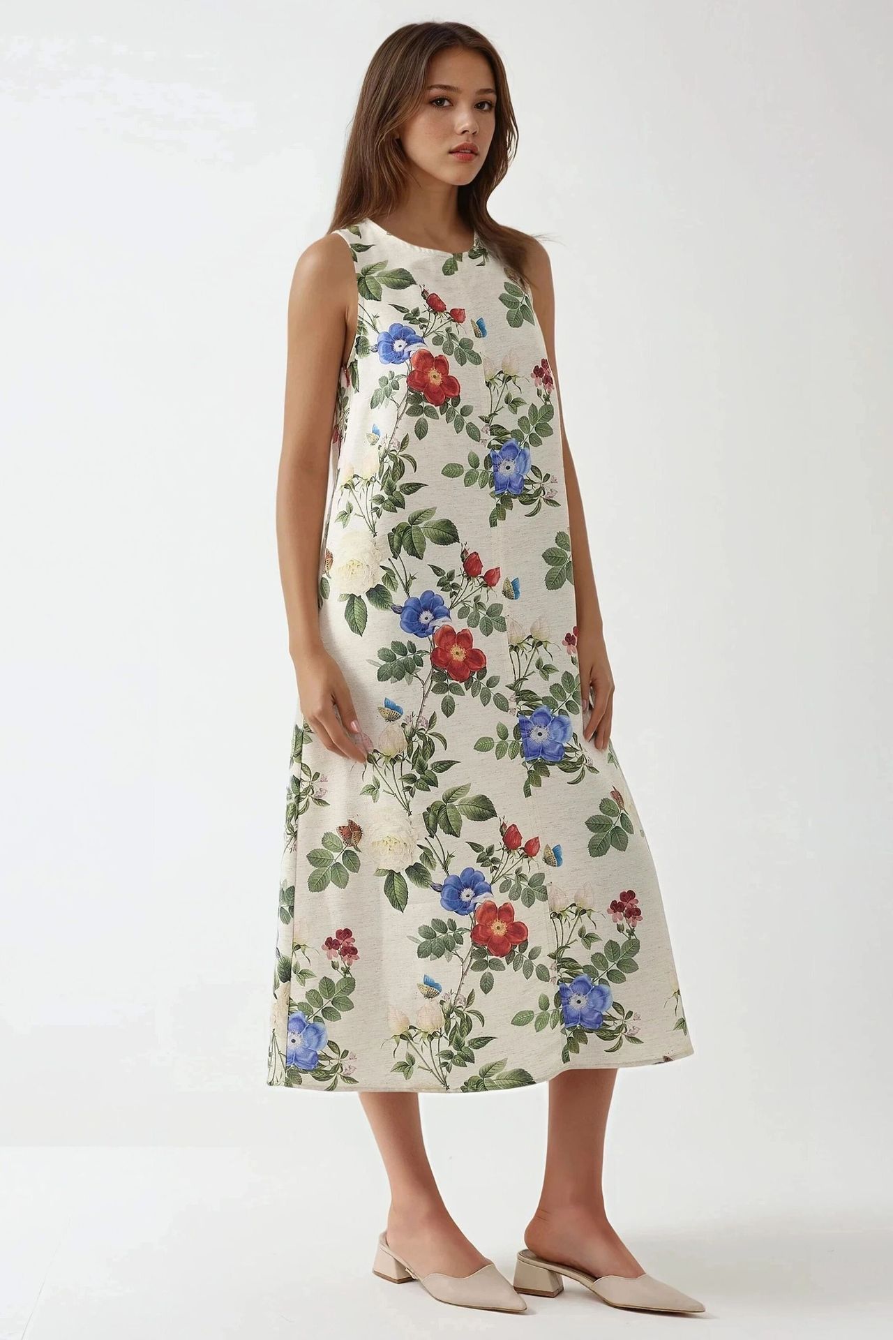 Linen Feel Sleeveless Crew Neck Midi Dress
