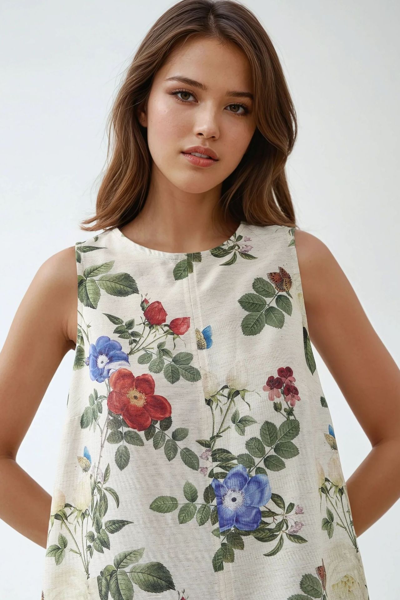 Linen Feel Sleeveless Crew Neck Midi Dress