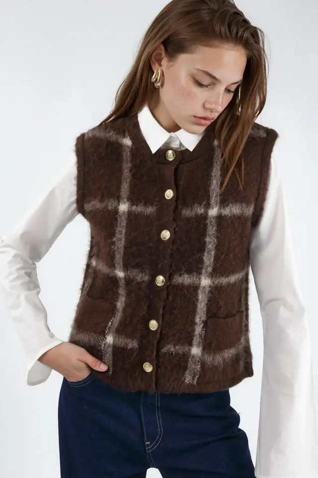 Plaid Crew Neck Sweater Vest with Buttons