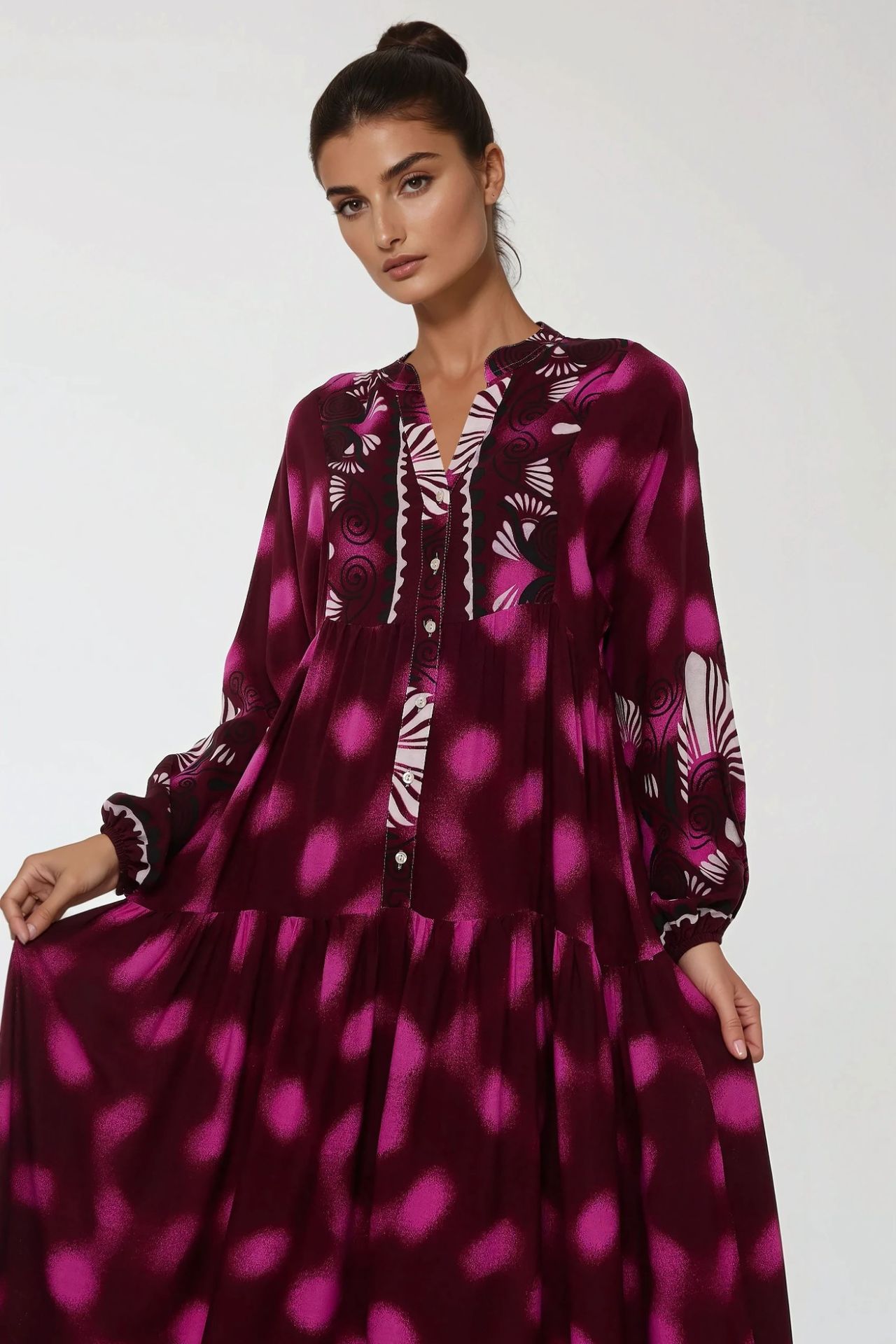 Printed Long Sleeve Viscose Maxi Dress 