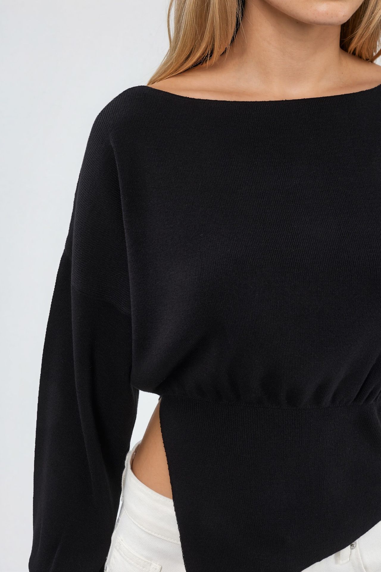 Mercerized Look Boat Neck Knit Sweater with Slit Detail 4