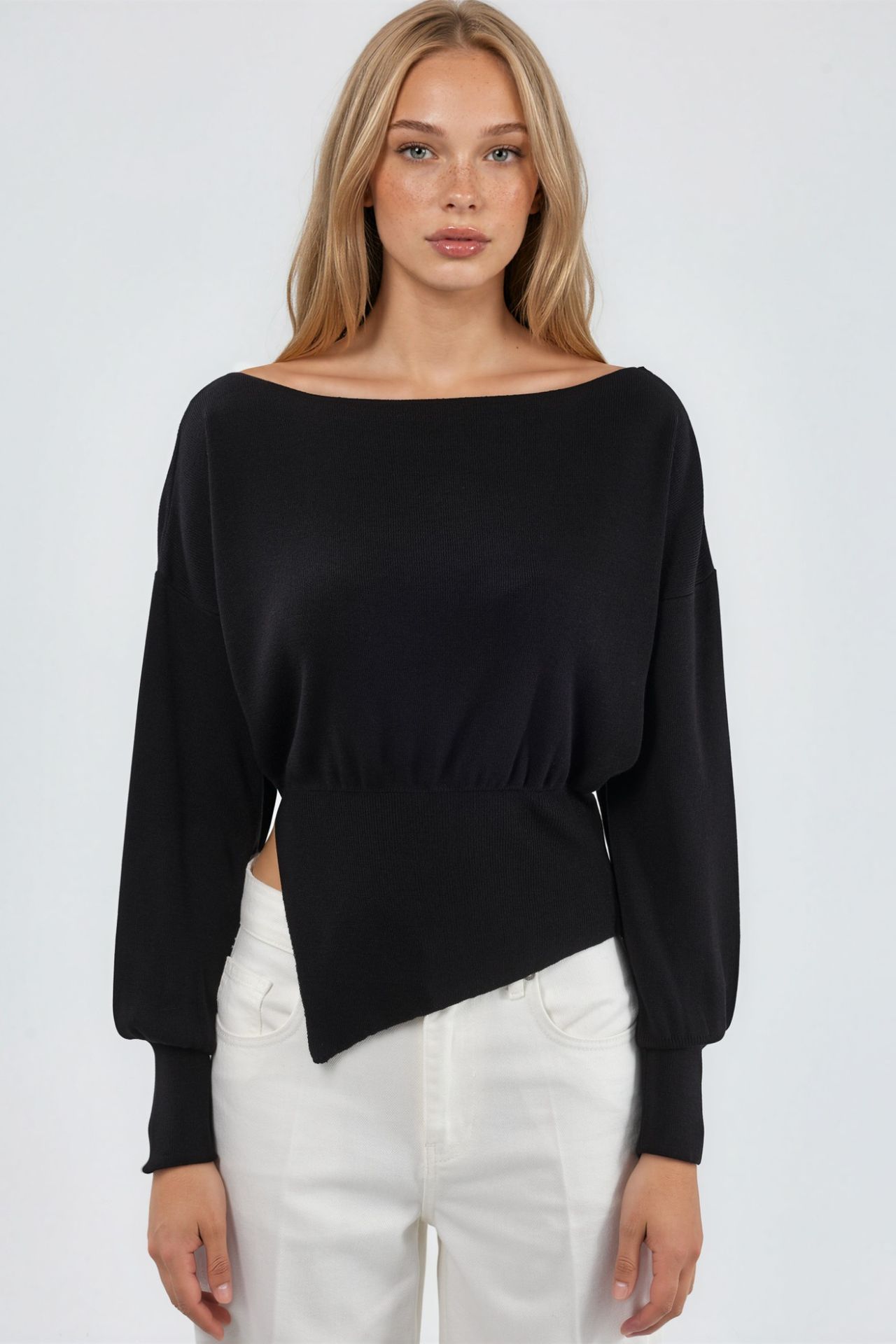 Mercerized Look Boat Neck Knit Sweater with Slit Detail 5
