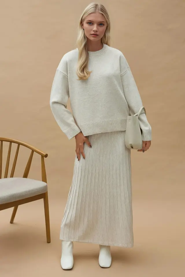 Textured Sweater & Flared Skirt Knit Co-Ord Set