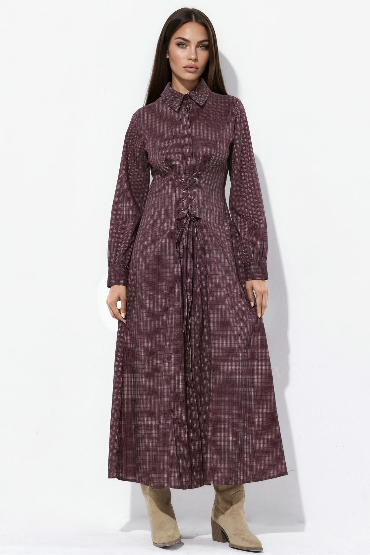 Plaid Shirt Dress with Corset Lace-Up Detail 2