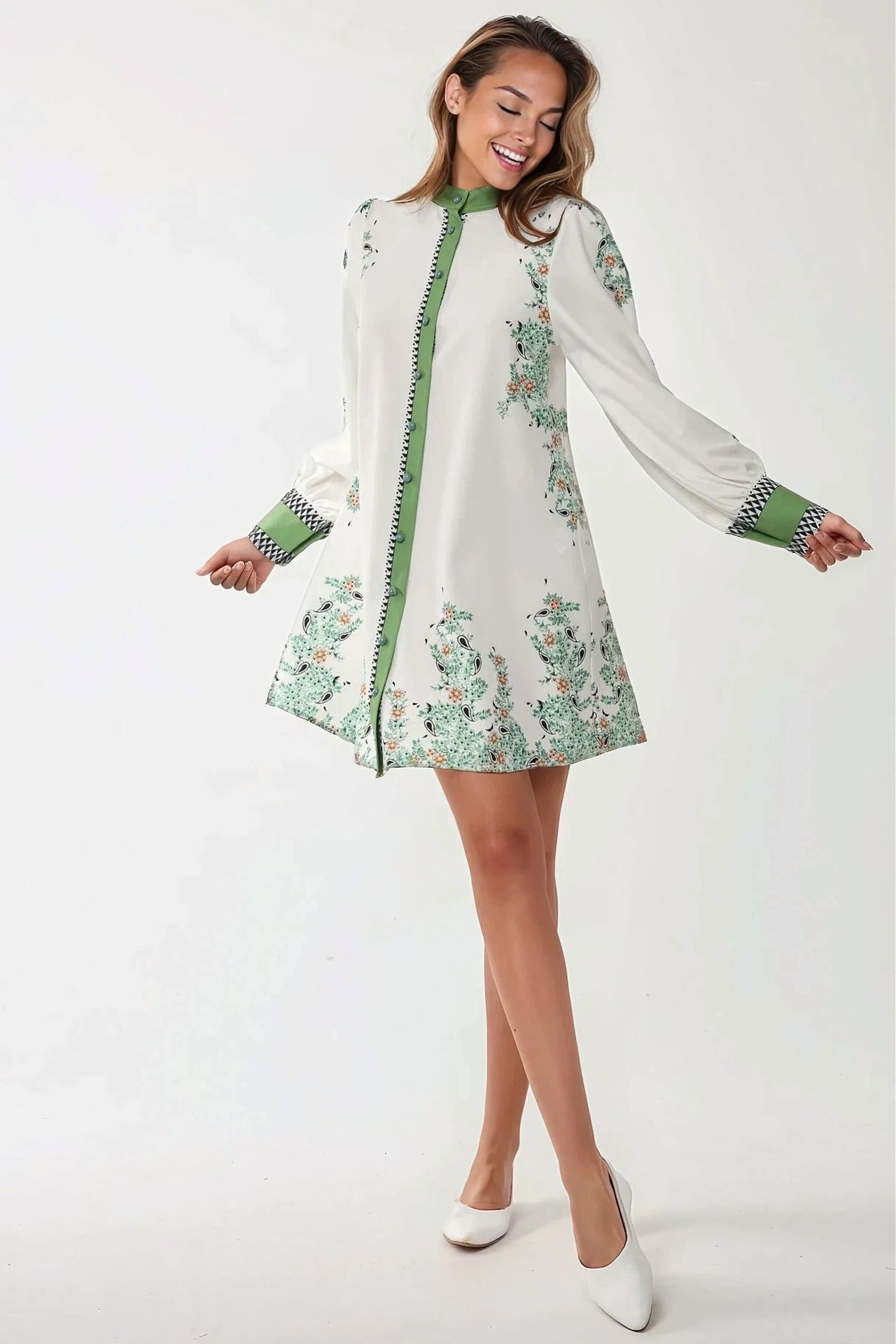 Printed Crew Neck Mini Dress with Belt